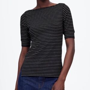 NWT Madewell Ribbed Boatneck Tee in Stripe Black White Classic Neutral Small